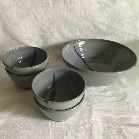 Vintage 80s Set of 5 Pottery Bowls Artist Signed Abstract Paint Glazed - Picture 3 of 9